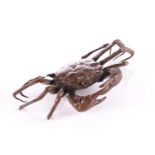 A Japanese style patinated copper crab, naturalistically modelled, three character seal mark to