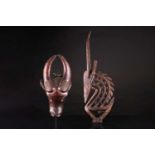 A Bambara antelope headdress, Chiwara, Mali, with spiral reeded horns and chip carved decoration,