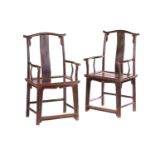 A pair of Northern Chinese red elm "Official's Hat" armchairs, Qing Dynasty, 19th century, with
