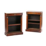 A pair of Empire style figured dwarf open bookcases, 19th century, but adapted from a larger item,