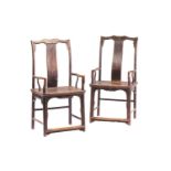 A pair of Northern Chinese elmwood (Yumu) open armchairs, Qing Dynasty, probably late 18th