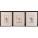 Three Chinese figural paintings on rice paper, each 9.8 cm x 6.2 cm framed and glazed.Qty: 3