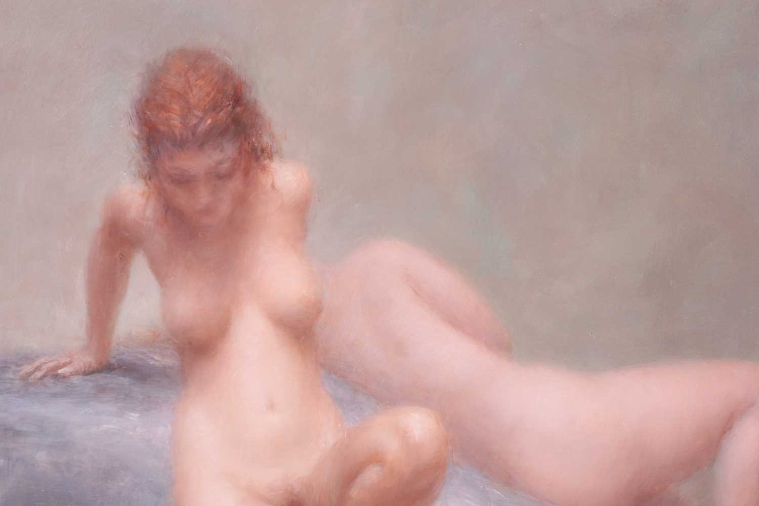 Harry Holland (b.1941) Scottish, 'Incline', oil on panel, 1995, study of two female nudes, signed to - Image 4 of 5