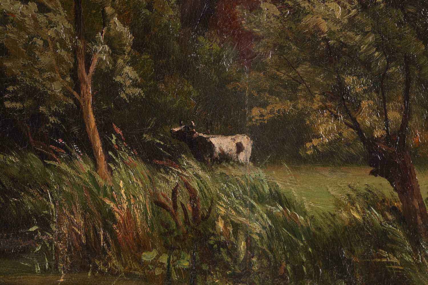 Thomas O. Hume (fl.1864-1893), pastoral river landscape, farmer and cattle on the bank, oil on - Image 8 of 8