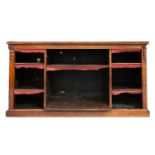 An early Victorian figured rosewood three-bay open bookcase with lotus flower and harebell applied