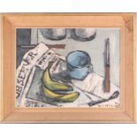20th century British school, abstract still life study of items on a table, oil on canvas,