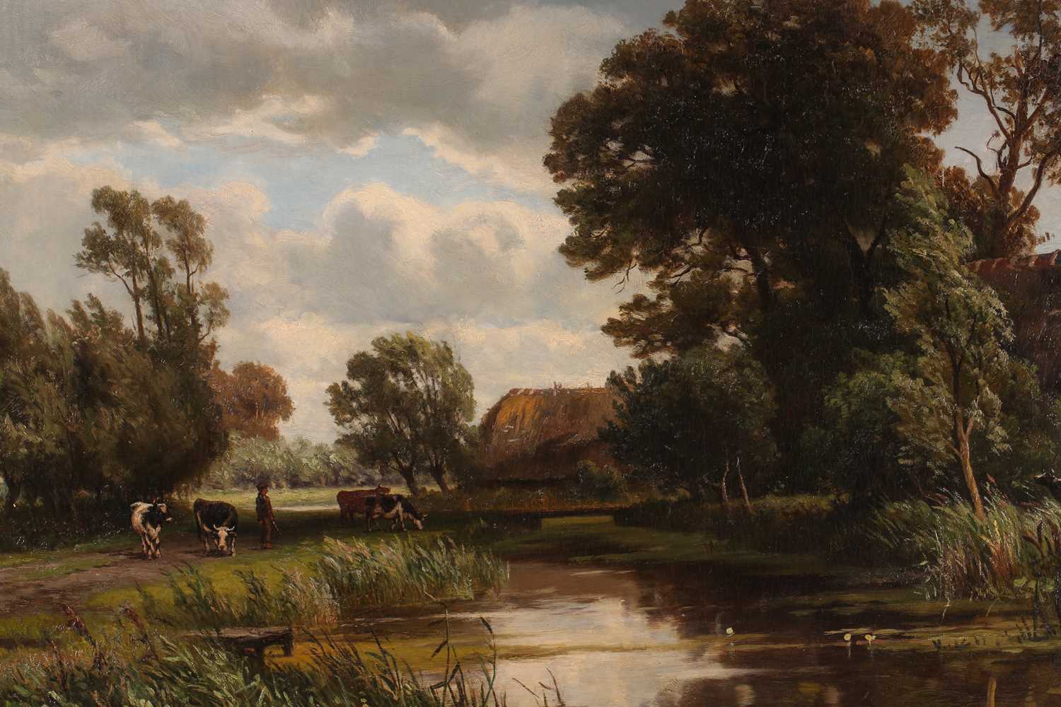 Thomas O. Hume (fl.1864-1893), pastoral river landscape, farmer and cattle on the bank, oil on - Image 2 of 8