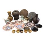 A collection of Japanese porcelain and metal wares, to include a Kutani censer, lacquer saucers