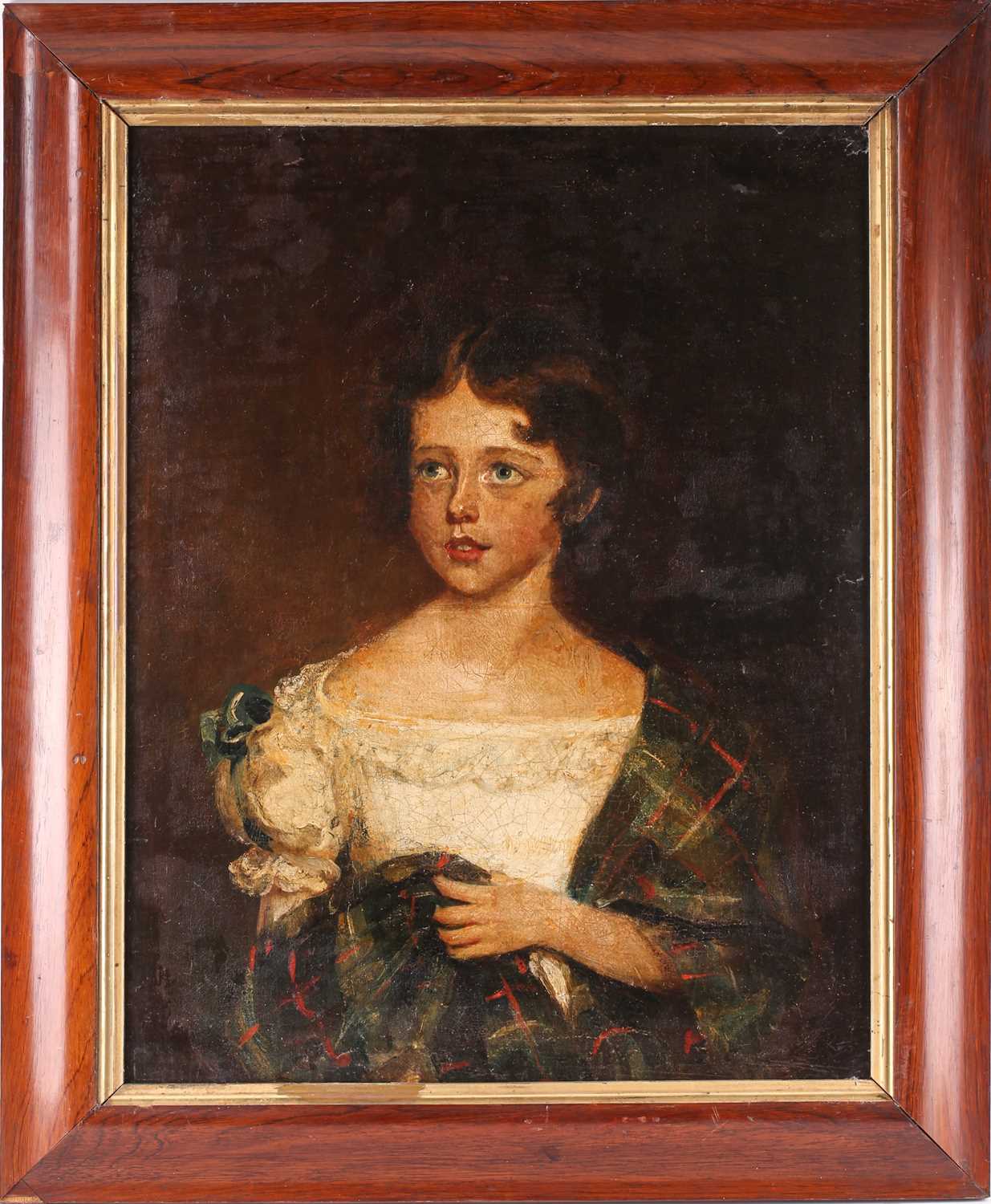 19th century school, portrait of a girl wearing a tartan shawl, unsigned oil on canvas, 72 cm x 55