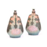 A pair Royal Bonn Ruysdael ceramic vases, decorated in the art nouveau taste with inverted leaves