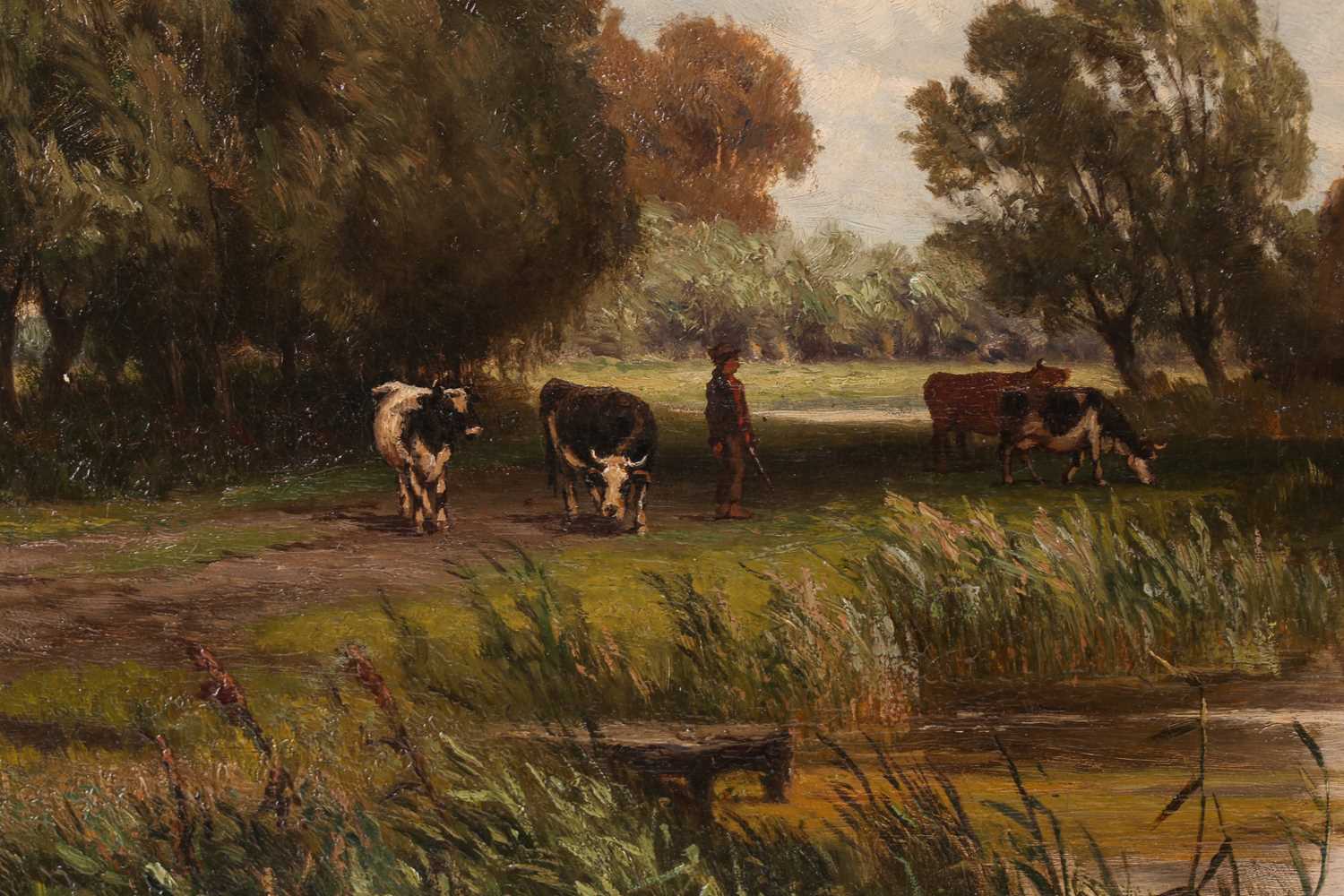 Thomas O. Hume (fl.1864-1893), pastoral river landscape, farmer and cattle on the bank, oil on - Image 4 of 8