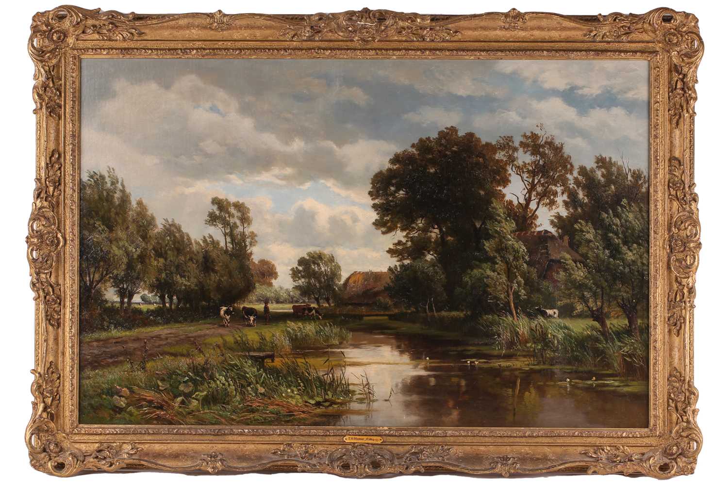 Thomas O. Hume (fl.1864-1893), pastoral river landscape, farmer and cattle on the bank, oil on