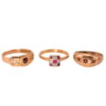 Three multi-gem rings; A Victorian seed pearl and garnet ring in 15ct gold (three pearls deficit),