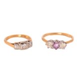 Two gem-set rings with diamonds and amethyst; the first consists of a three-stone diamond ring,