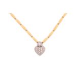 An 18ct bi-coloured gold necklace with a heart pendant, which has round brilliant diamonds pavé