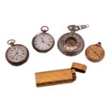 A Cartier lighter and four pocket watches, featuring a Cartier gold plated lighter with rounded