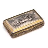 A George IIl snuff box; parcel gilt, rounded rectangular; the hinged cover with an interior tavern
