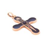 A multi-gem set enamel cross pendant, centrally set with a dark blue sapphire cabochon, a square