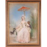 19th century school, a portrait of a finely dressed lady with parasol, a servant and dog at her
