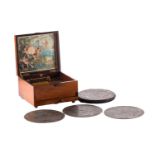An early 20th-century walnut-cased tabletop polyphon, and twelve (20.5 cm diameter) disks. 25.5 cm