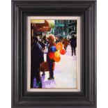 Graham Elliott (contemporary), 'Lady with Balloons, Amsterdam', oil on board, signed to lower left