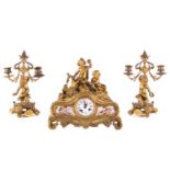 A late 19th century Henry Marc of Paris 8-day ormolu clock garniture with figural surmounts of a