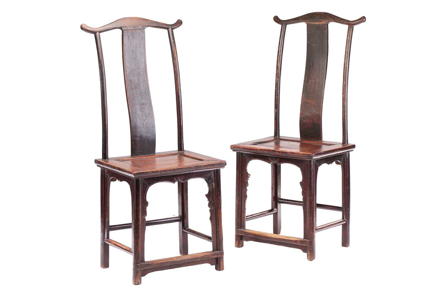 A pair of probably Northern Chinese elm wood (Yumu) "Official's Hat" side chairs, Qing Dynasty, 19th