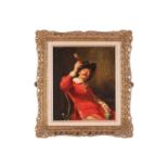 19th century school, portrait of a seated soldier in red tunic, unsigned oil on canvas, 30 cm x 26