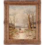 Hendrik Barend Koekkoek (1849-1909) Dutch, a shepherd and his flock amongst trees, snow on the