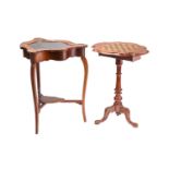 An Edwardian mahogany bijouterie table of stylized triangular form with hinged glazed cover with