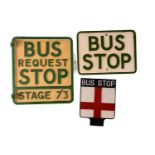 A group of three cast metal and painted bus stop signs, mid-20th century, the largest 34.5 cm x