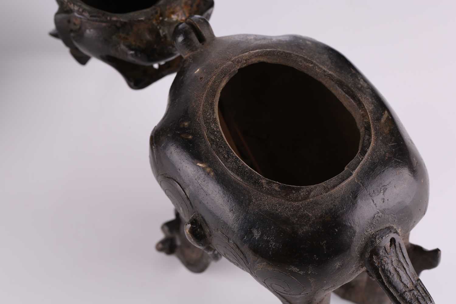 A Chinese Pixiu patinated bronze censer with open mouth and hinged head,17 cm long x 25 cm high; - Image 3 of 22