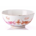 A Chinese porcelain bowl, the interior painted with five red bats (Wufu) surrounding a double