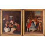 19th-century Spanish school, a pair of betrothal/marriage scenes, unsigned oils on board, each 49 cm
