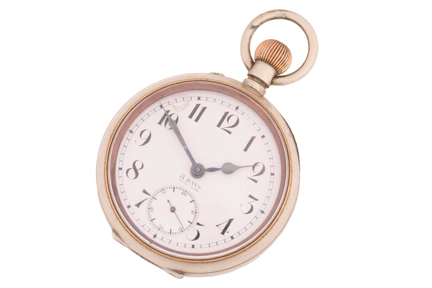 A 'Goliath' 8-day reserve open face pocket watch, featuring a swiss made keyless wound 8-day power