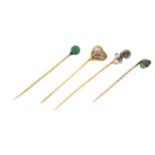 Four gem-set stick pins; A heart-shaped stick pin with foliate details and pearl highlight, French
