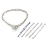 A silver and cubic zirconia necklace and bracelet set, together with four other bracelets; The