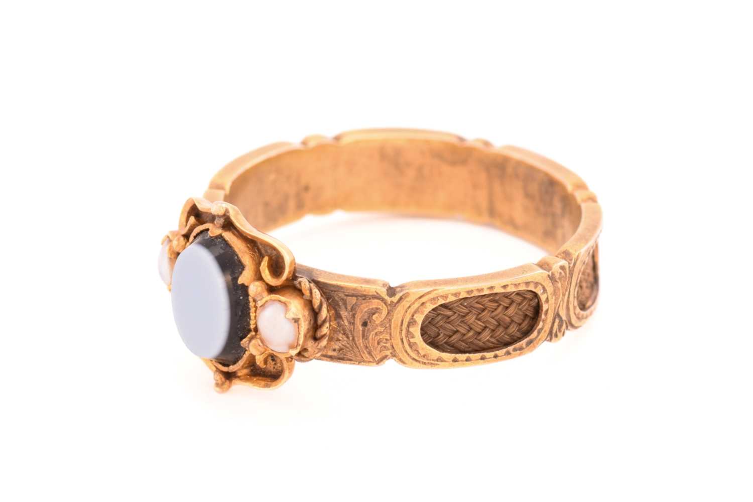 Three 19th-century mourning rings; including a signet ring with a hexagonal onyx ring face with an - Image 11 of 14