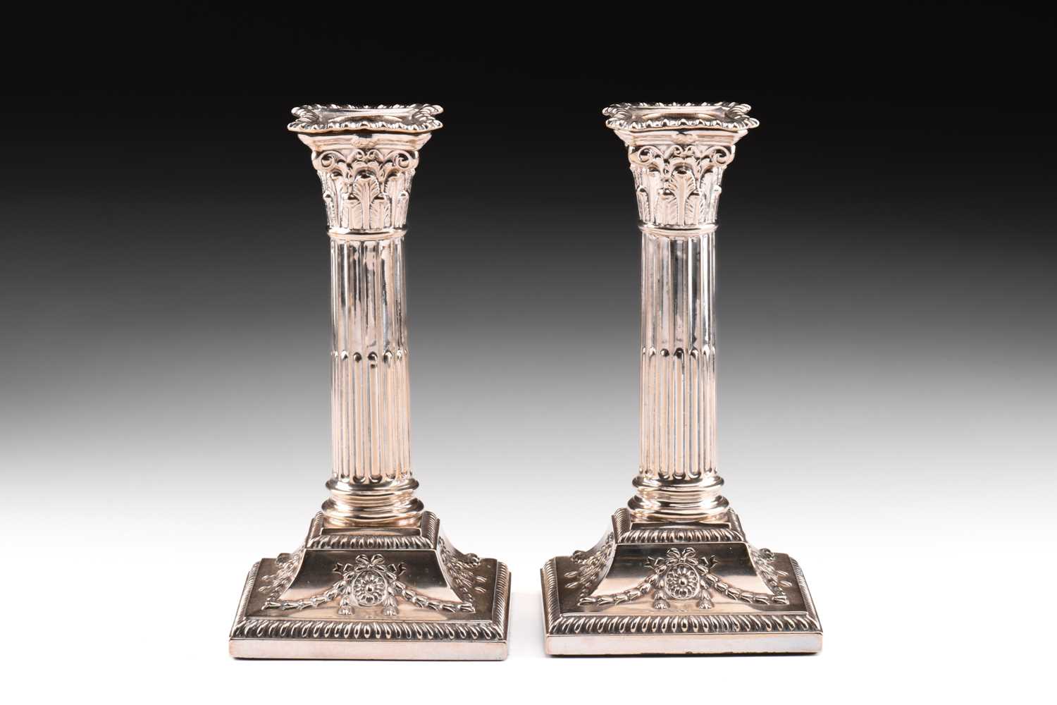 A pair of Edwardian Neo-Classical four-sconce silver plated candelabra with removable upper sections - Image 8 of 35