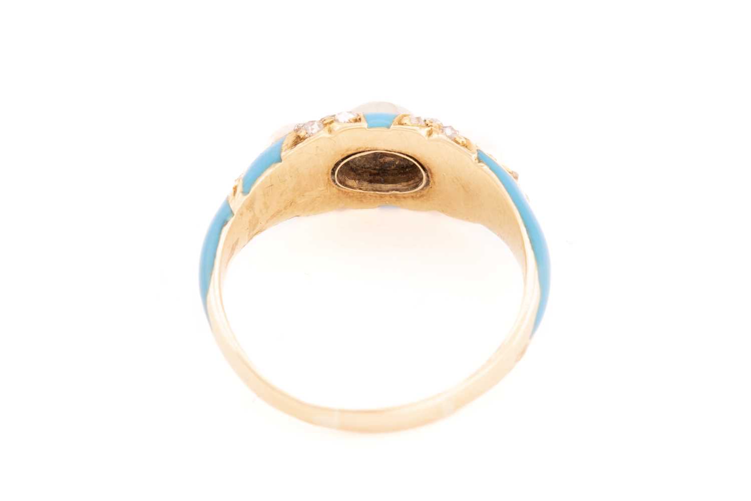 A pearl and diamond enamel ring, comprises three off-round split pearls set on a sky blue enamel - Image 4 of 4