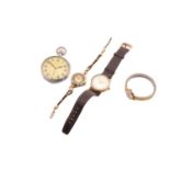 A collection of four watches, comprising a Helvetia military pocket watch, a 9ct ros gold ladies