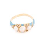 A pearl and diamond enamel ring, comprises three off-round split pearls set on a sky blue enamel