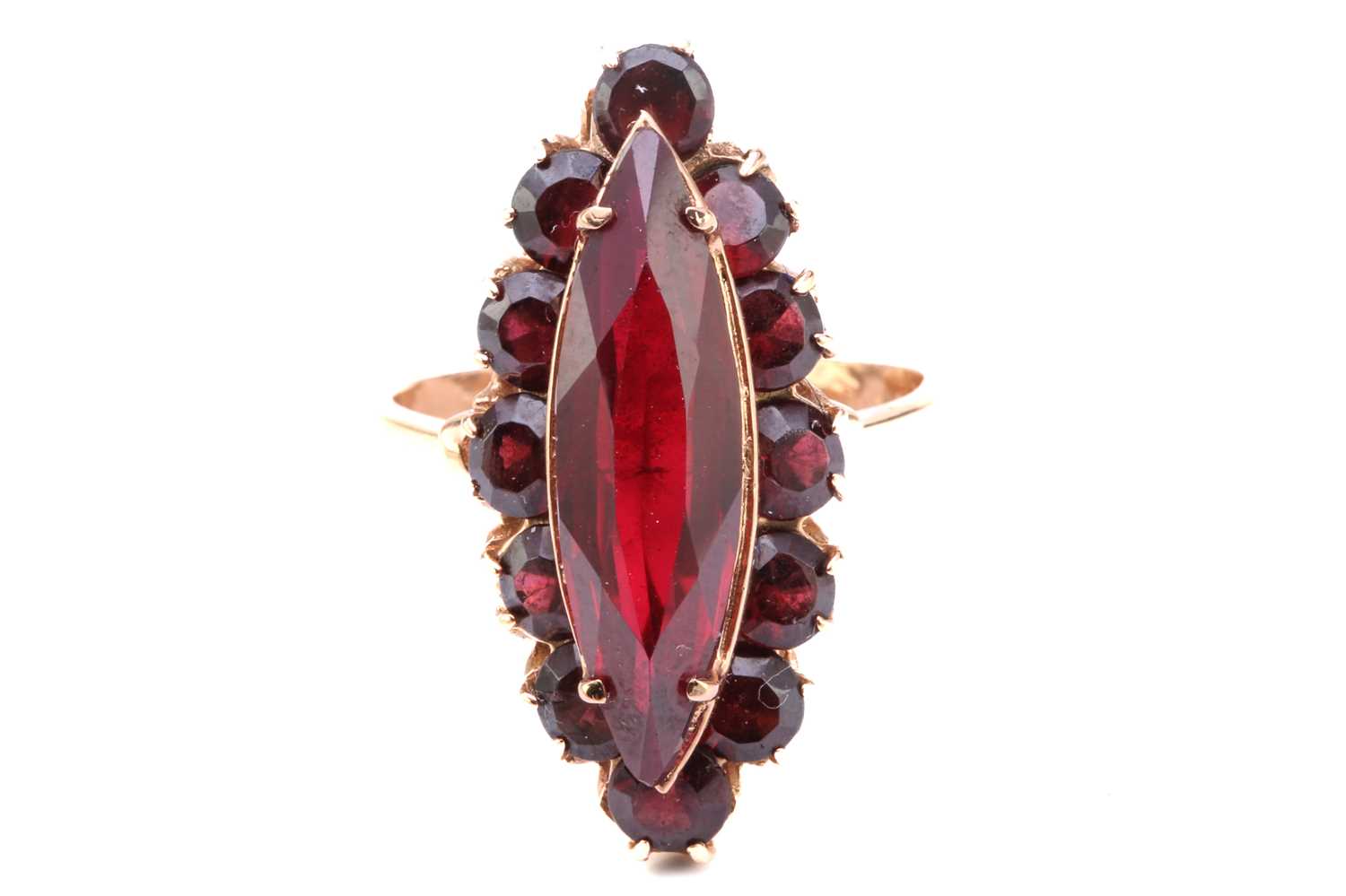 A synthetic ruby and garnet dress ring, comprises a marquise-shaped synthetic ruby claw-set on a - Image 3 of 3