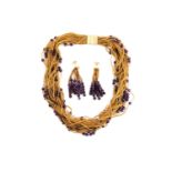 Calgaro - woven mesh and amethyst beaded necklace and a pair of matching earrings; The necklace is