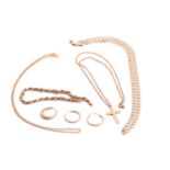 A small collection of 9ct gold items; to include a cross pendant on a fine curb chain with spring-