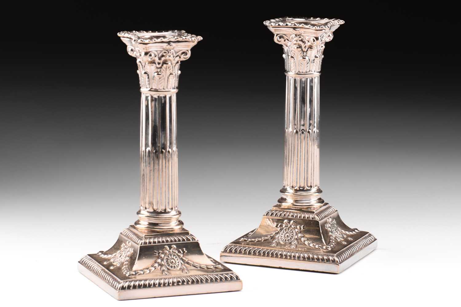 A pair of Edwardian Neo-Classical four-sconce silver plated candelabra with removable upper sections - Image 9 of 35