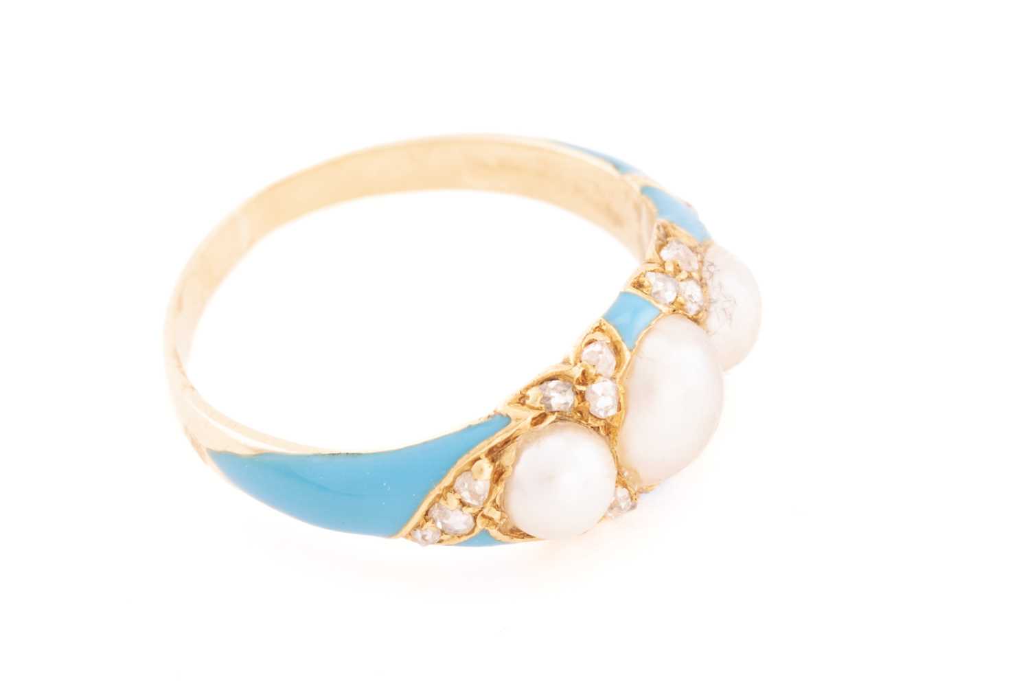 A pearl and diamond enamel ring, comprises three off-round split pearls set on a sky blue enamel - Image 2 of 4