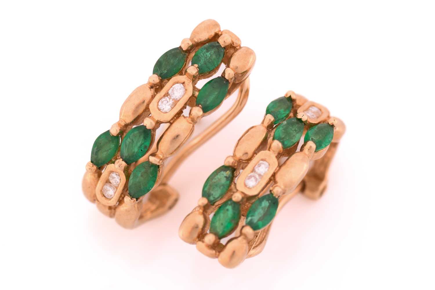 A pair of emerald and diamond earrings, each comprises six marquise-shaped emeralds and four - Image 3 of 5
