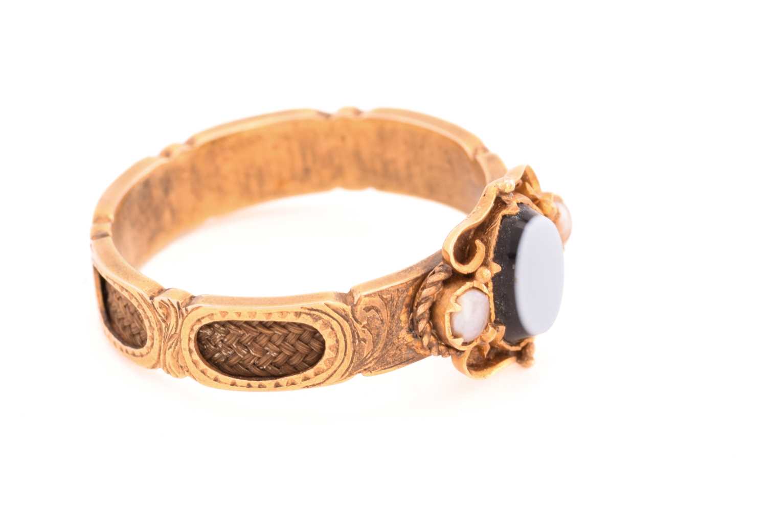 Three 19th-century mourning rings; including a signet ring with a hexagonal onyx ring face with an - Image 12 of 14