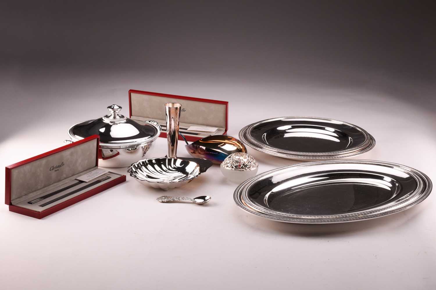 A quantity of Christofle electroplated wares, mostly boxed; and a pair of Christofle plated circular